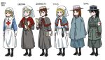  6+girls acronym anyan_(jooho) armband black_footwear black_gloves black_hair blonde_hair blue_eyes braid braided_bun brown_eyes brown_hair buttons capelet cloak commentary_request comparison envelope freckles full_body gloves green_eyes hat highres holding jacket korean_commentary long_hair long_skirt long_sleeves medal multiple_girls original pantyhose parka ponytail red_cross redhead scissors shoes short_hair simple_background skirt sleeve_cuffs standing watch watch white_background 