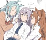  ... 3girls :3 akni animal_ears aqua_hair bang_dream! bangs brown_dress cat_ears closed_eyes collared_shirt dog_ears dress girl_sandwich grey_hair half_updo hanasakigawa_school_uniform hikawa_sayo imai_lisa kemonomimi_mode long_hair long_sleeves lying minato_yukina multiple_girls neckerchief necktie on_back on_side red_neckwear sandwiched school_uniform shirt sidelocks spoken_ellipsis white_shirt yellow_eyes 