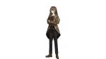  1girl book bow brown_footwear brown_hair buttons coat crossed_arms hair_ornament highres holding holding_book library_of_ruina looking_to_the_side malkuth_(library_of_ruina) official_art open_clothes open_coat shirt simple_background smile solo 