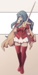  1girl blue_eyes blue_hair boots bracelet breastplate cape closed_mouth eirika_(fire_emblem) fingerless_gloves fire_emblem fire_emblem:_seima_no_kouseki fire_emblem:_the_sacred_stones fire_emblem_8 full_body gloves highres intelligent_systems jewelry lamb-oic029 long_hair looking_away looking_to_the_side miniskirt nintendo pauldrons profile red_footwear red_gloves red_shirt shirt short_sleeves shoulder_armor sidelocks skirt solo thigh-highs thigh_boots two-tone_background very_long_hair white_skirt yellow_cape zettai_ryouiki 