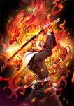  1boy arms_up belt bird black_pants blonde_hair blurry burning cape clothes_writing commentary_request cowboy_shot eyebrows fire glint hair_slicked_back highres holding holding_sword holding_weapon katana kimetsu_no_yaiba long_sleeves looking_at_viewer micho multicolored_hair pants phoenix pleated_pants redhead rengoku_kyoujurou streaked_hair sword weapon white_cape 