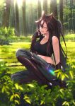  1girl absurdres animal_ears arknights boots breasts brown_hair collarbone commentary_request elbow_gloves forest full_body gloves grass green_eyes hand_up highres medium_breasts meteor_(arknights) midriff nature one_eye_closed open_mouth outdoors pants ponytail shijie_jianfa sitting solo sunlight tank_top thigh-highs thigh_boots torn_clothes torn_pants tree 