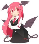  1girl bat_wings black_skirt black_vest blush_stickers buttons collared_shirt commentary_request cowboy_shot demon_tail eyebrows_visible_through_hair hand_to_own_mouth head_wings ini_(inunabe00) koakuma long_hair long_sleeves necktie red_eyes red_neckwear redhead shirt simple_background skirt smile solo tail touhou vest white_background white_shirt wings 