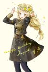  1girl blonde_hair character_name fire_emblem fire_emblem:_three_houses garreg_mach_monastery_uniform green_eyes happy_birthday head_wreath highres ingrid_brandl_galatea long_hair long_sleeves open_mouth osoujisiito petals solo uniform 