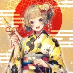  1girl :d ahoge arrow bangs bell blue_bow blush bow commentary_request double_bun earrings floral_print flower flower_earrings grey_hair hair_bow hair_flower hair_ornament hair_stick hamaya happy_new_year japanese_clothes jewelry jingle_bell kanzashi kimono long_sleeves looking_at_viewer nail_polish new_year obi open_mouth original red_bow red_nails red_sun sash shinotarou_(nagunaguex) smile solo upper_body violet_eyes white_flower wide_sleeves yellow_bow yellow_kimono 
