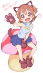  1girl :d animal_ear_fluff animal_ears bangs bare_shoulders between_legs blue_skirt brown_hair cat_ears cat_tail fake_animal_ears fang gloves hairband hand_between_legs hand_up head_tilt hoshino_hinata jigatei_(omijin) mushroom one_side_up open_mouth paw_gloves paw_shoes paws pleated_skirt shirt shoes short_hair simple_background sitting skirt sleeveless sleeveless_shirt sleeveless_turtleneck smile solo tail translation_request turtleneck v watashi_ni_tenshi_ga_maiorita! white_background 