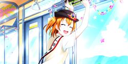  blush closed_eyes dress kousaka_honoka love_live!_school_idol_festival_all_stars orange_hair short_hair smile 