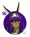  1girl 2019 animal_ears bangs closed_mouth dark_skin dated earrings elena_ivlyushkina fate/grand_order fate_(series) hair_between_eyes jewelry long_hair looking_at_viewer nitocris_(fate/grand_order) number portrait purple_hair shiny shiny_hair signature simple_background smile solo violet_eyes white_background yellow_headband 