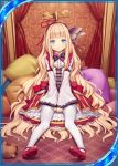  1girl akkijin blonde_hair blue_eyes curtains dress hair_ornament hair_ribbon indoors key long_hair looking_at_viewer multicolored multicolored_ribbon official_art pantyhose pillow red_footwear red_ribbon ribbed_dress ribbon shinkai_no_valkyrie sitting stuffed_animal stuffed_toy teddy_bear very_long_hair white_dress 