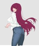  1girl alternate_costume bangs blush breasts fate/grand_order fate_(series) hair_between_eyes hair_intakes highres large_breasts long_hair looking_at_viewer purple_hair red_eyes scathach_(fate)_(all) scathach_(fate/grand_order) shijie_jianfa solo 