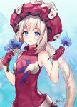  1girl abstract_background blue_background blue_eyes eyebrows_visible_through_hair fate/grand_order fate_(series) flower gloves hat holding holding_flower marie_antoinette_(fate/grand_order) red_gloves signature smile solo twintails white_hair yamyom 