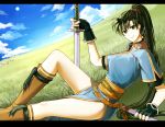  1girl arm_support asymmetrical_bangs bangs black_gloves blue_dress blue_sky boots breasts clouds cloudy_sky commentary_request day delsaber dress dutch_angle earrings eyelashes fingerless_gloves fire_emblem fire_emblem:_the_blazing_blade gloves gold_trim grass grasslands green_eyes green_hair hair_ornament high_ponytail highleg holding holding_sword holding_weapon horse jewelry katana knee_boots knee_up leaning_back long_hair looking_at_viewer lying lyn_(fire_emblem) medium_breasts on_back ponytail shadow sheath shiny shiny_hair short_sleeves sitting sky solo sword thighs undershirt wagon weapon 