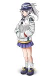  1girl adapted_costume bare_legs baseball_cap blue_eyes blue_footwear blue_headwear blue_skirt full_body grey_hair hands_in_pockets hat highres hood hooded_jacket jacket long_hair long_sleeves looking_at_viewer miniskirt mononobe_no_futo pleated_skirt pom_pom_(clothes) ponytail satobitob shoes simple_background skirt socks solo standing touhou white_background white_jacket white_legwear 