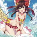  1girl anklet bare_arms bare_shoulders barefoot bell bikini bikini_skirt blue_sky bow breasts brown_hair caustics cliff clouds collarbone commentary_request day fisheye floating_hair flower frilled_bow frills groin hair_bow hair_flower hair_ornament hair_tubes hakurei_reimu hibiscus inflatable_raft jewelry jingle_bell long_hair looking_at_viewer minamura_haruki navel ocean open_mouth orange_eyes outdoors red_bikini red_bow red_flower revision sky small_breasts solo sparkle sunlight swimsuit touhou v_arms water yellow_bow 