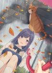  1girl autumn_leaves bangs blush cat clouds cloudy_sky feet_out_of_frame holding holding_umbrella leaf long_hair looking_at_another nagisa3710 open_mouth original outdoors pov puddle purple_hair rain reflection reflective_water school_uniform sitting sky smile solo squatting tree umbrella violet_eyes water 