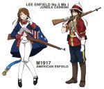  alternate_costume american_flag anyan_(jooho) belt belt_buckle boots brown_eyes brown_hair buckle cartridge character_name commentary_request english_text full_body girls_frontline gloves helmet highres historical_american_flag holding holding_weapon jacket korean_commentary lee-enfield_(girls_frontline) long_hair long_pants long_sleeves looking_at_viewer medal multiple_views pants pith_helmet shoes sidelocks simple_background sleeve_cuffs standing sweat weapon white_background white_gloves 