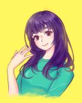  1elda1 1girl artist_self-insert bangs brown_eyes commentary cropped_torso english_commentary green_shirt hand_up head_tilt highres long_hair long_sleeves looking_at_viewer original pink_lips purple_hair shirt simple_background smile solo upper_body yellow_background 