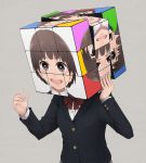  1girl :d bangs blazer bow bowtie breast_pocket brown_eyes brown_hair buttons covered_face furrowed_eyebrows grin hands_up heart heart-shaped_pupils jacket long_sleeves open_mouth original photo_(object) pocket rubik&#039;s_cube short_hair smile solo symbol-shaped_pupils yajirushi_(chanoma) 