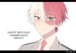  1boy artist_name bangs blush boku_no_hero_academia burn_scar character_name commentary dated eyebrows_visible_through_hair face happy_birthday looking_at_viewer lukapang multicolored_hair necktie red_neckwear redhead scar short_hair simple_background smile todoroki_shouto two-tone_hair white_background white_hair 
