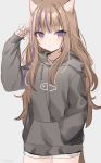  1girl animal_ear_fluff animal_ears arm_up bangs black_hoodie black_shorts blush brown_hair cat_ears cat_girl cat_tail commentary_request cowboy_shot drawstring eyebrows_visible_through_hair grey_background hand_in_pocket highres hood hood_down hoodie leo_(mafuyu) long_hair mafuyu_(chibi21) multicolored_hair original parted_lips purple_hair short_shorts shorts simple_background sleeves_past_wrists solo streaked_hair tail very_long_hair violet_eyes 