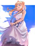  1boy blonde_hair blue_bow blue_eyes blue_neckwear bow bracelet character_name copyright_name crown day dress epic7 hair_bun highres jewelry long_hair otoko_no_ko outdoors prince_aither skirt_hold solo somray standing white_dress 