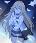  1girl black_bag black_shorts blonde_hair blue_eyes blurry blurry_background eyebrows_visible_through_hair floating_hair hair_between_eyes hands_clasped highres jacket long_hair long_sleeves looking_at_viewer looking_up open_clothes open_jacket own_hands_together parted_lips rachel_gardner satsuriku_no_tenshi shirt short_shorts shorts solo standing straight_hair striped suamaro very_long_hair white_feathers white_jacket 