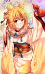  1girl animal_ears bell blonde_hair brown_hair closed_mouth fang fire_emblem fire_emblem_fates fire_emblem_heroes fox_ears fuussu_(21-kazin) hair_ornament holding japanese_clothes kimono long_sleeves multicolored_hair obi sash selkie_(fire_emblem) smile solo streaked_hair wide_sleeves yellow_eyes 