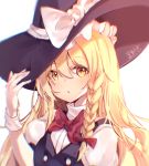  1girl :o artist_request bangs black_dress black_headwear blonde_hair bow bowtie braid buttons chromatic_aberration commentary dress eyebrows_visible_through_hair frilled_hat frills hair_between_eyes hair_bow hand_on_headwear hand_up hat hat_bow highres kirisame_marisa long_hair looking_at_viewer puffy_sleeves red_bow red_neckwear shirt side_braid sidelocks signature simple_background single_braid solo touhou turtleneck undershirt upper_body white_background white_bow white_shirt witch_hat wrist_cuffs yellow_eyes 