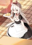  1girl absurdres alternate_costume animal_ears apron azur_lane bangs black_dress blue_eyes blurry blurry_background blush bow breasts broche_(timpet) cat_ears cat_girl collarbone commentary_request dress enmaided eyebrows_visible_through_hair frown hair_bow hammann_(azur_lane) highres holding holding_plate indoors long_hair looking_at_viewer maid maid_apron maid_dress plate red_bow red_ribbon ribbon short_sleeves silver_hair solo very_long_hair white_hair 