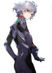  1boy cowboy_shot evangelion:_3.0_you_can_(not)_redo from_behind grandialee highres looking_at_viewer nagisa_kaworu neon_genesis_evangelion outstretched_hand plugsuit rebuild_of_evangelion red_eyes silver_hair solo tagme white_background 