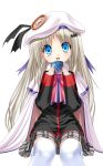  1girl :d absurdres bangs black_jacket black_ribbon blue_eyes cape capelet cup eyebrows_visible_through_hair grey_skirt hat hat_ribbon head_tilt highres holding holding_cup invisible_chair jacket kud_wafter little_busters!! long_hair long_sleeves looking_at_viewer miniskirt na-ga noumi_kudryavka official_art open_mouth pink_neckwear plaid plaid_skirt pleated_skirt purple_ribbon ribbon school_uniform silver_hair simple_background sitting skirt smile solo thigh-highs very_long_hair white_background white_cape white_capelet white_headwear white_legwear zettai_ryouiki 