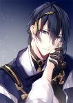  1boy 1girl arm_guards bangs black_gloves black_hair blue_eyes eyebrows_visible_through_hair female_pov female_saniwa_(touken_ranbu) gloves hair_between_eyes hair_ornament hand_on_another&#039;s_face holding_hand japanese_clothes kariginu long_sleeves looking_at_viewer mikazuki_munechika mochizuki_shiina parted_lips pov saniwa_(touken_ranbu) sayagata solo_focus touken_ranbu upper_body wide_sleeves 