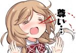  1girl =_= blood bow bowtie braid cloud_hair_ornament commentary_request gradient_hair kantai_collection kuroten light_brown_hair long_hair low_twin_braids minegumo_(kantai_collection) multicolored_hair nosebleed open_hands palms plaid_neckwear red_neckwear school_uniform shirt simple_background solo suspenders translated twin_braids upper_body white_background white_shirt 