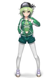  1girl absurdres adapted_costume belly_peek black_headwear breasts brown_footwear collarbone commentary_request green_eyes green_hair green_jacket green_shorts hat highres jacket long_sleeves medium_breasts medium_hair navel pantyhose satobitob shadow shoes short_shorts shorts simple_background soga_no_tojiko solo standing touhou white_background white_legwear 