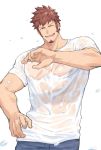  1boy 47_(479992103) beard blue_eyes brown_hair chest denim facial_hair fate/grand_order fate_(series) jeans looking_at_viewer male_focus muscle open_mouth pants pectorals scar smile solo upper_body wet wet_clothes wet_hair 