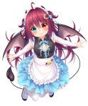  1girl absurdres apron aqua_eyes bat_hair_ornament black_shirt blue_skirt breasts brown_wings closed_mouth commentary_request crescent crescent_hair_ornament demon_girl demon_horns demon_tail demon_wings detached_sleeves fang fang_out frilled_apron frilled_skirt frills full_body hair_ornament heart heart_in_eye heterochromia highres horns long_sleeves maid_headdress nijisanji pantyhose pleated_skirt red_eyes redhead ribbon-trimmed_apron ribbon_trim shirt shoes simple_background skirt small_breasts smile solo symbol_in_eye tail two_side_up uwabaki virtual_youtuber waist_apron wakagi_repa white_apron white_background white_footwear white_legwear white_sleeves wings yuzuki_roa 