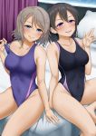  2girls bed black_hair blue_eyes collarbone commentary_request competition_swimsuit cousins feet_out_of_frame grey_hair highleg highleg_swimsuit indoors love_live! love_live!_sunshine!! love_live!_sunshine!!_the_school_idol_movie_over_the_rainbow medium_hair miel_(lessontome) multiple_girls one-piece_swimsuit pillow purple_swimsuit saliva saliva_trail short_hair sitting swimsuit violet_eyes watanabe_tsuki watanabe_you waving 