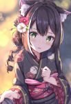  1girl animal_ear_fluff animal_ears bangs black_flower black_hair black_kimono blurry blurry_background blush bra braid brown_bra cat_ears commentary_request depth_of_field eyebrows_visible_through_hair fang floral_print flower furisode green_eyes hair_bun hair_flower hair_ornament japanese_clothes keiran_(ryo170) kimono kyaru_(princess_connect) long_hair long_sleeves looking_at_viewer multicolored_hair obi parted_lips princess_connect! princess_connect!_re:dive print_kimono red_flower sash solo streaked_hair underwear upper_body white_flower white_hair wide_sleeves 