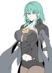  1girl absurdres armor bangs black_armor black_cape black_shorts breasts byleth_(fire_emblem) byleth_eisner_(female) cape closed_mouth fire_emblem fire_emblem:_three_houses green_eyes green_hair hair_between_eyes harukon_(halcon) highres large_breasts long_hair looking_at_viewer medallion navel pantyhose pauldrons plackart short_shorts short_sleeves shorts simple_background smile solo tassel thighs white_background 