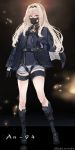  1girl absurdres an-94_(girls_frontline) bangs belt blonde_hair blue_eyes blue_footwear blue_jacket blue_shirt blurry blurry_background boots character_name commentary_request eyebrows_visible_through_hair eyelashes feet_out_of_frame gas_mask girls_frontline hair_between_eyes hairband highres jacket knee_boots korean_commentary long_hair mask shiny shiny_hair shirt short_shorts shorts sidelocks solo thighlet twitter_username vantsuki 