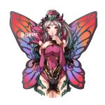  1girl breasts closed_mouth conope fairy_wings fire_emblem fire_emblem_heroes grey_hair large_breasts long_hair plant plumeria_(fire_emblem) ponytail red_eyes simple_background smile solo twitter_username vines white_background wings 