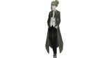 1boy brooch buttons coat green_hair hands_in_pockets highres jewelry library_of_ruina long_coat looking_to_the_side medium_hair netzach_(library_of_ruina) official_art open_clothes open_coat ponytail shirt simple_background solo yellow_eyes 