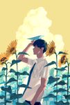  1boy absurdres black_hair blue_necktie clouds collared_shirt earrings expressionless flower grey_eyes hand_in_pocket highres jewelry kanai_(nai_nai) male_focus necktie original paper_airplane profile shirt sky solo summer sunflower upper_body white_shirt yellow_sky 