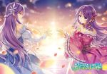  2girls bangs blue_dress blue_eyes braid bridal_gauntlets choker collarbone detached_sleeves dress eye_contact floating_hair highres long_dress long_hair long_sleeves looking_at_another multiple_girls novel_illustration official_art parted_lips pink_dress profile purple_hair riv seirei_gensouki shiny shiny_hair single_braid standing swept_bangs very_long_hair white_sleeves wide_sleeves 