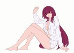  1girl bangs blush breasts dress_shirt fate/grand_order fate_(series) hair_between_eyes hair_intakes highres large_breasts long_hair looking_at_viewer purple_hair red_eyes scathach_(fate)_(all) scathach_(fate/grand_order) shijie_jianfa shirt solo 