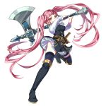  1girl axe belt boots closed_mouth fire_emblem fire_emblem:_three_houses full_body garreg_mach_monastery_uniform highres hilda_valentine_goneril holding holding_axe knee_boots kyarairo long_hair pink_eyes pink_hair simple_background smile solo thigh-highs twintails uniform white_background 