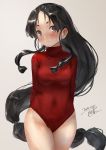  1girl alternate_costume black_hair blush breasts brown_eyes closed_mouth covered_navel dated high_ponytail kantai_collection long_hair medium_breasts multi-tied_hair nisshin_(kantai_collection) red_sweater ribbed_sweater short_eyebrows solo sweater thick_eyebrows toka_(marchlizard) turtleneck_leotard very_long_hair 