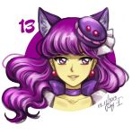  1girl 2019 animal_ears bangs cat_ears character_request choker collarbone dated earrings elena_ivlyushkina eyebrows_visible_through_hair floating_hair grin hair_ornament jewelry long_hair looking_at_viewer number portrait purple_hair shiny shiny_hair signature simple_background smile solo violet_eyes white_background 