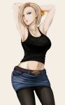  1girl android_18 armpits arms_up belt black_legwear blonde_hair blue_hair breasts brown_belt denim denim_skirt dragon_ball dragon_ball_z groin large_breasts midriff navel noo-chan_(no_chan) pantyhose short_hair skirt solo tank_top white_background 