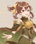  1girl bow breastplate brown_hair delthea_(fire_emblem) dress fang fire_emblem fire_emblem_echoes:_shadows_of_valentia grey_background hair_bow haru_(nakajou-28) highres long_hair open_mouth ponytail simple_background solo upper_body v 